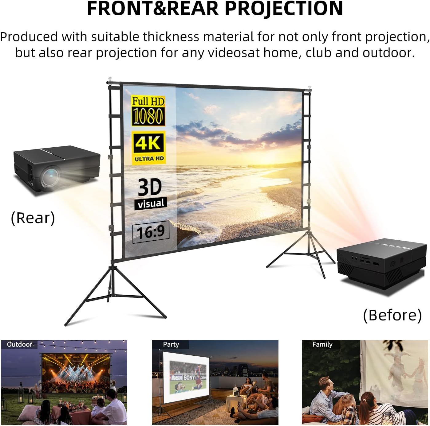 120 inch Projector Screen with Stand, 16:9 for Home Theater Outdoor/Indoor Party