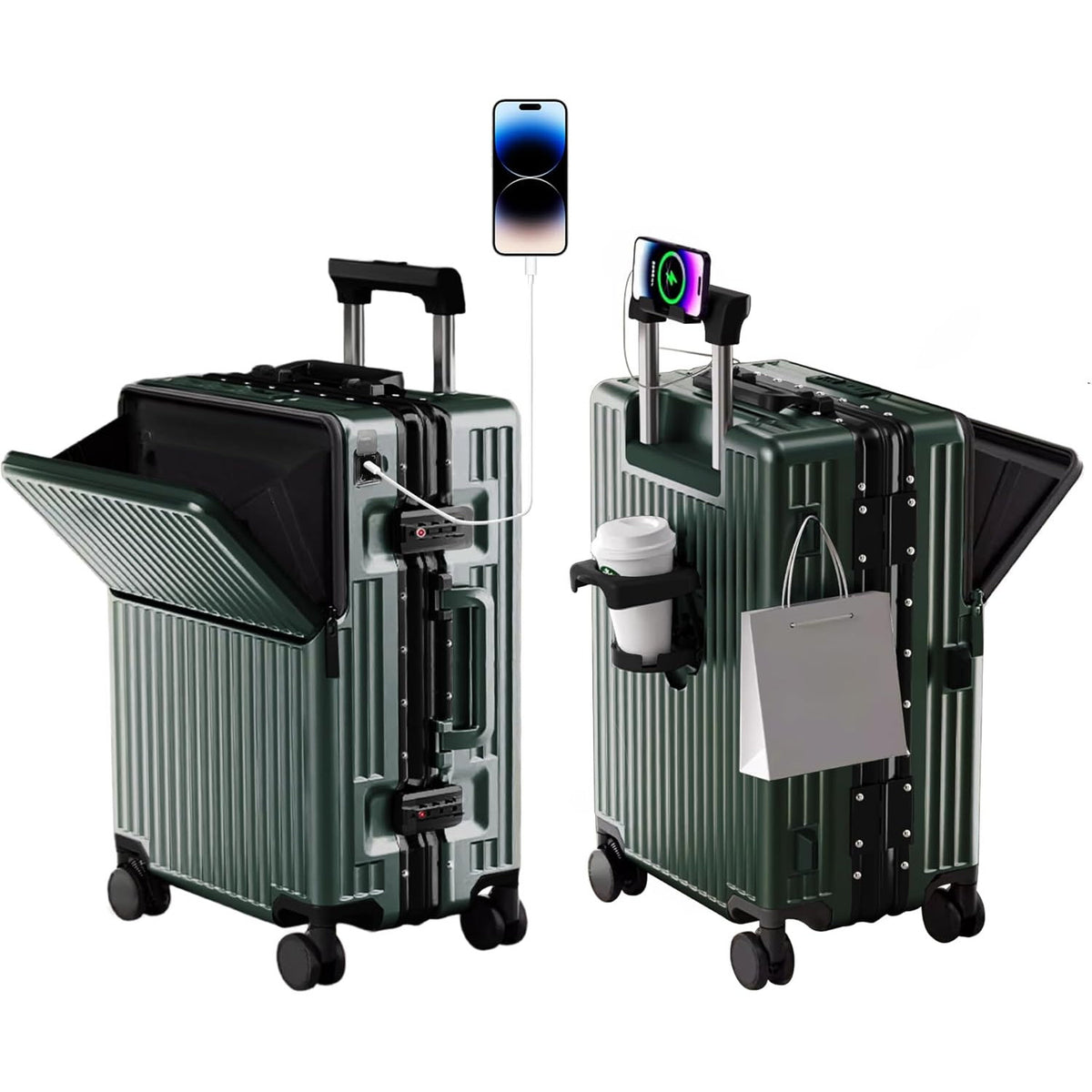 20 Inch Carry On Suitcase TSA Lock Hard Shell Aluminium Frame Green Cabin Luggage