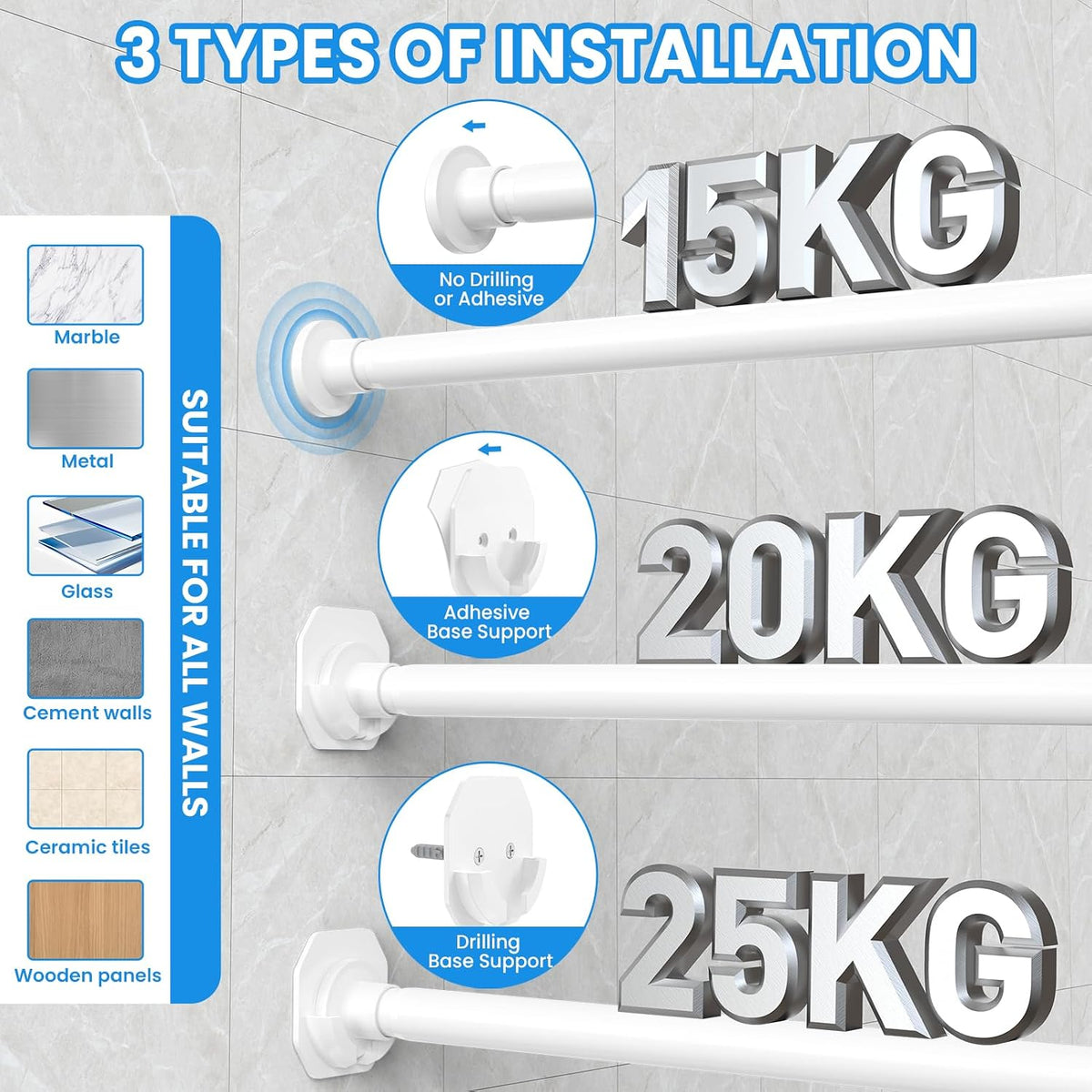 Tension Curtain Rod 98-330cm 32mm Extendable Black Pole 2 Wall Bases No Drill