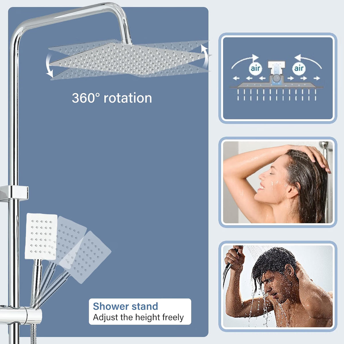 Thermostatic Shower Mixer Set Square Rainfall Head Handheld Chrome Bathroom Kit