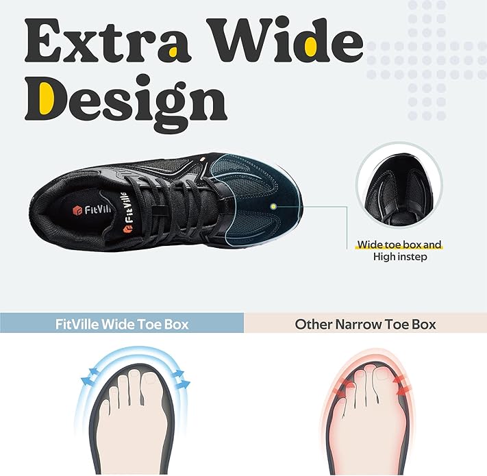 FitVille Extra Wide Walking Shoes for Men - Arch Fit, Heel Pain Relief Sneakers