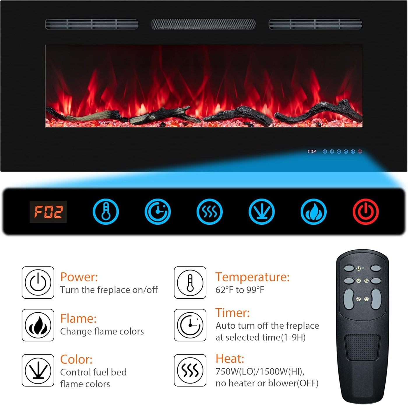 42'' Electric Fireplace Insert, Wall Mount Heater, Remote, Timer, Thermostat