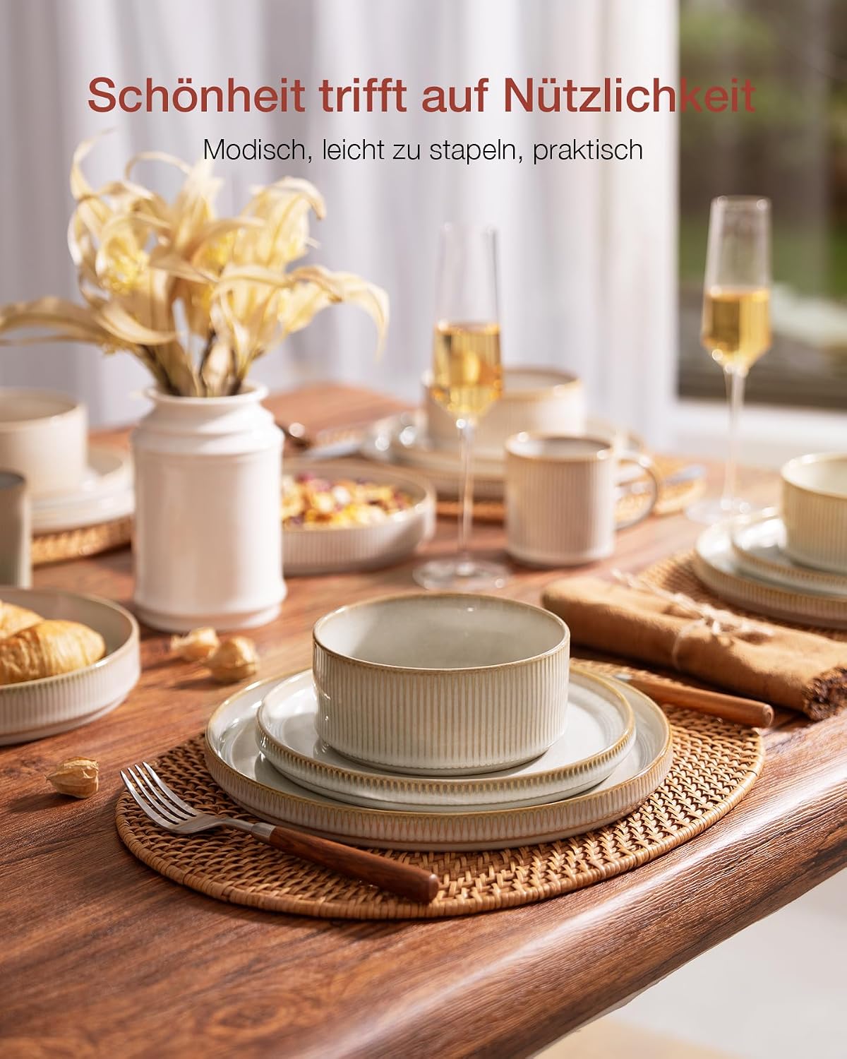 Stoneware Dinner Set 18 Piece Plates Bowls for 6 Cappuccino White Richmount Table