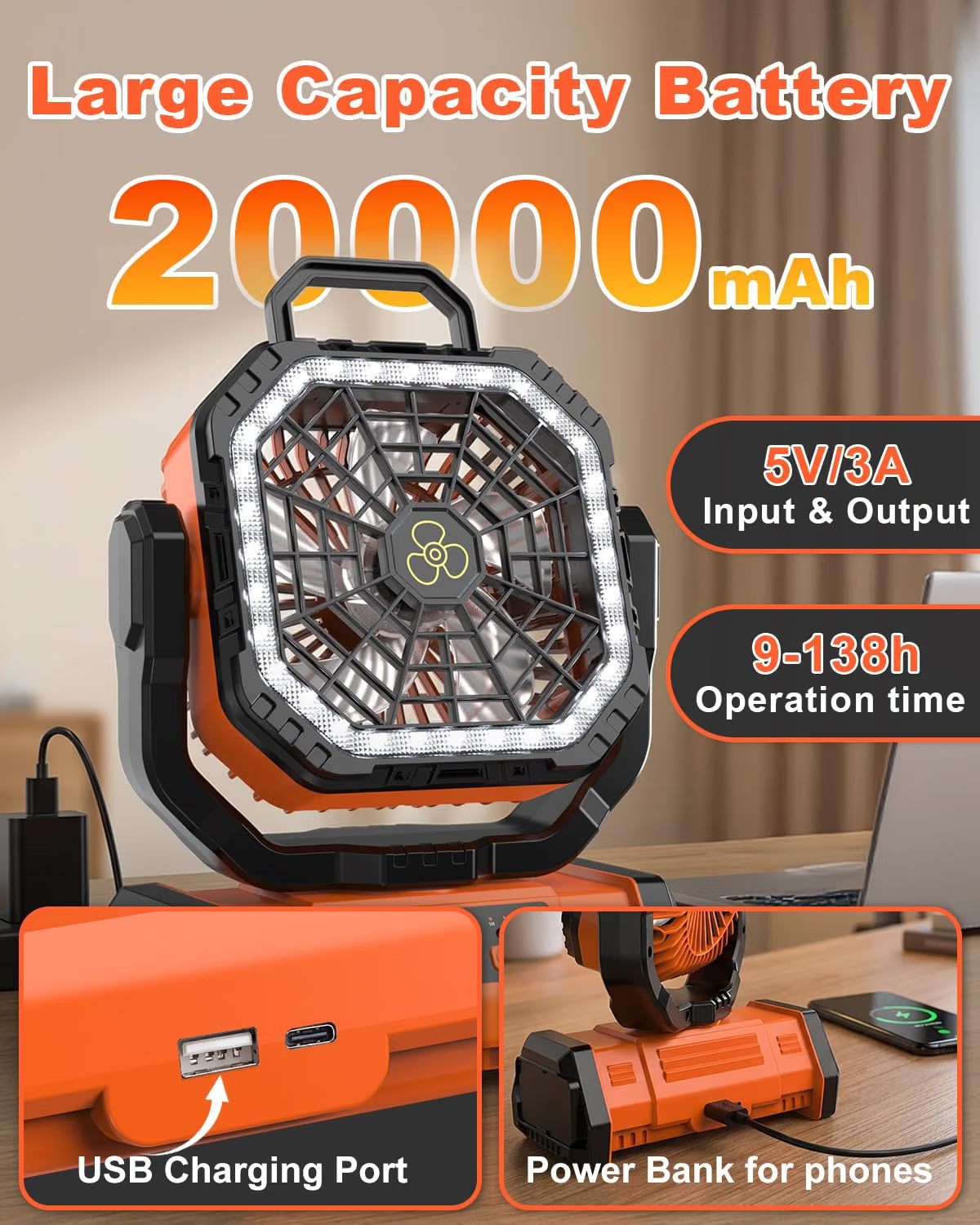 Camping Fan 20000mAh Rechargeable 3 in 1 Portable Outdoor Orange Spopal Fan
