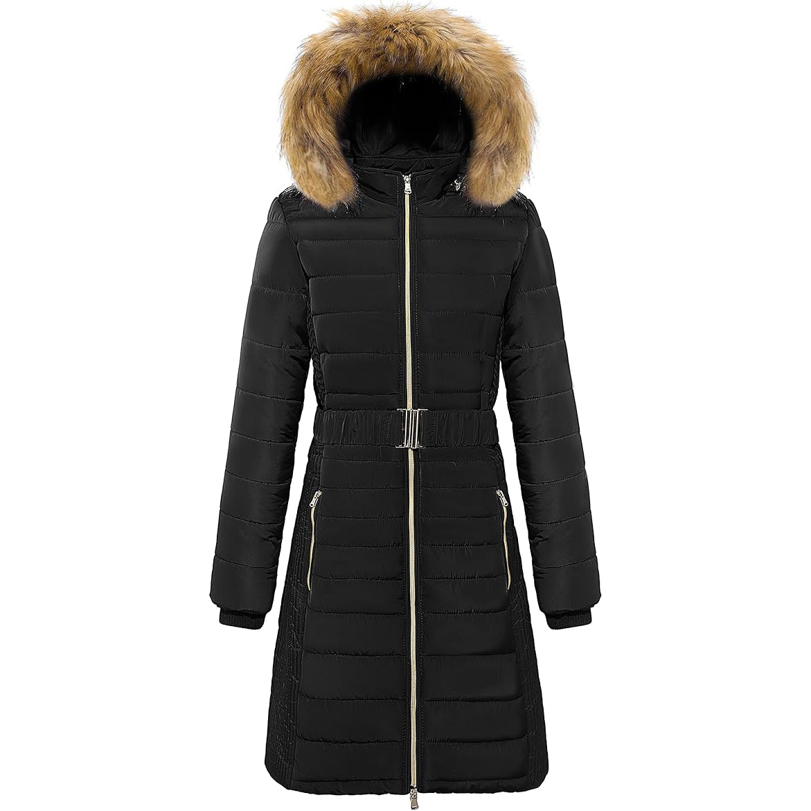 Wantdo Women's Long Warm Winter Padded Coat Windproof Jacket Faux Fur Hood, UK S