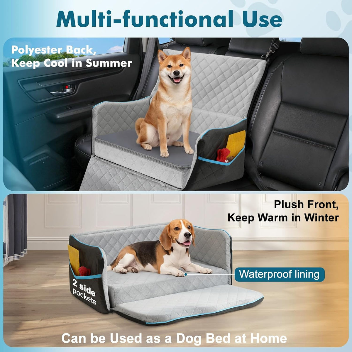 Dog Car Seat Medium Dogs Up to 60lb Thick Cushion Black Grey Large Pet Booster