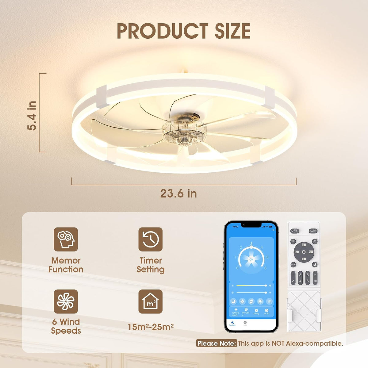 Ceiling Fan with Light 60cm White Remote Control Modern Ceiling Fan NIORSUN