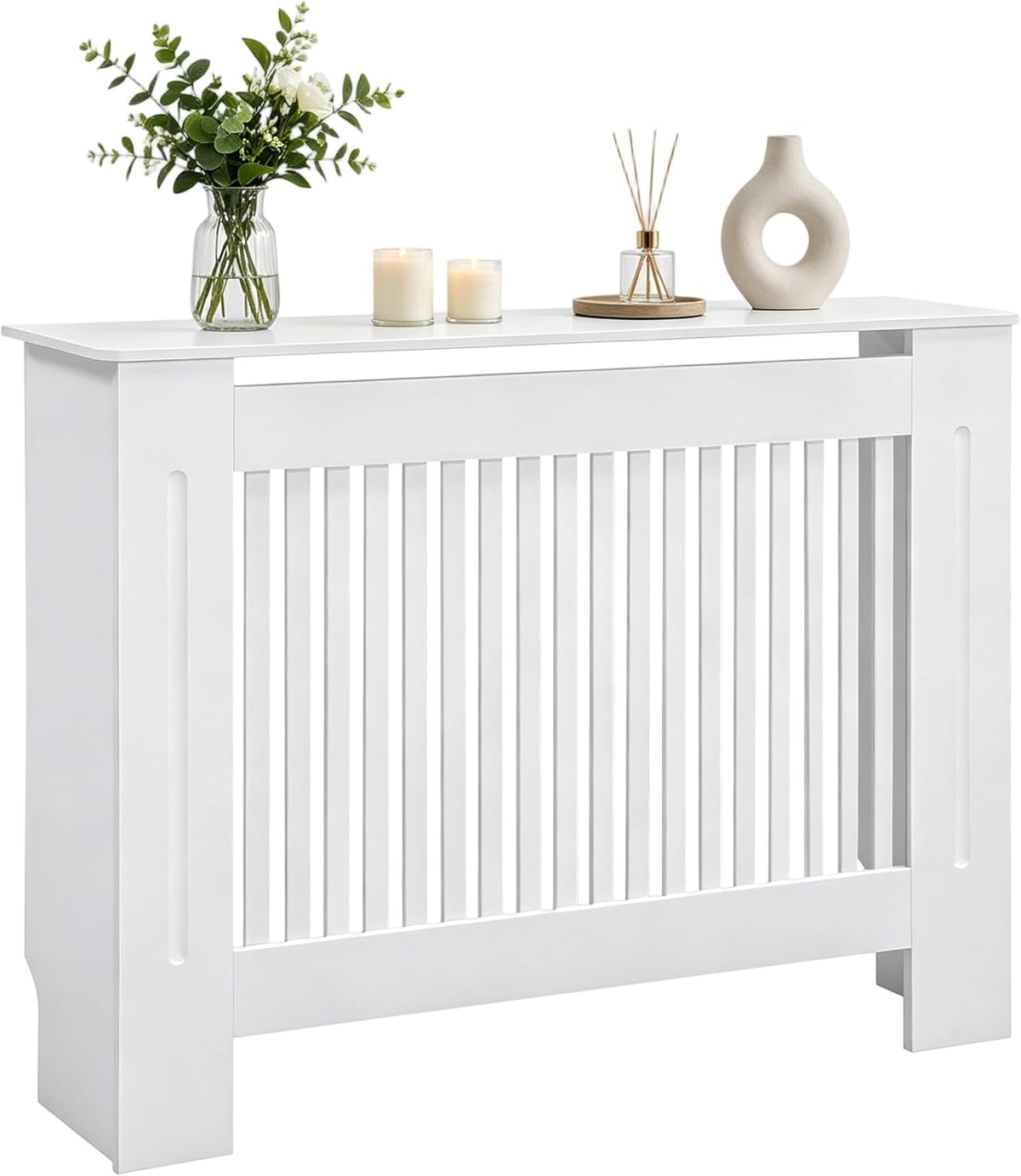 Radiator Cover 100cm Tall White MDF Horizontal Slat Medium Cabinet Fativo