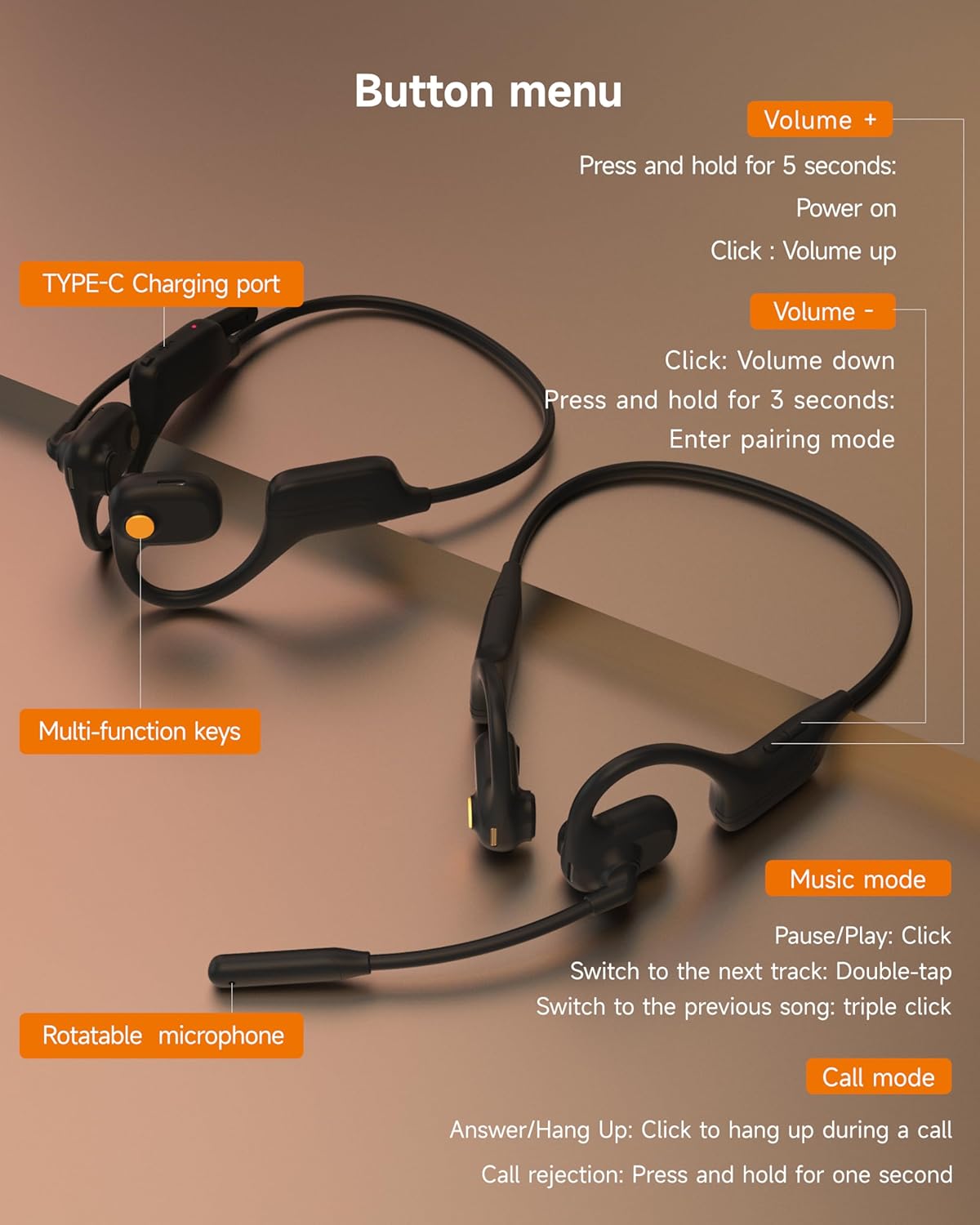 Wireless earbuds with button functions on a brown background