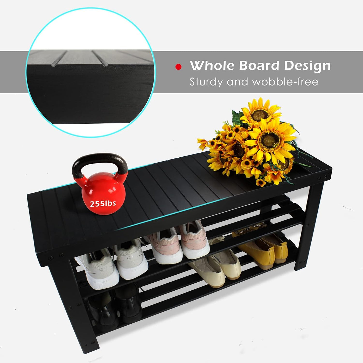Black shoe rack with shoes, a red kettlebell, and sunflowers on a white background