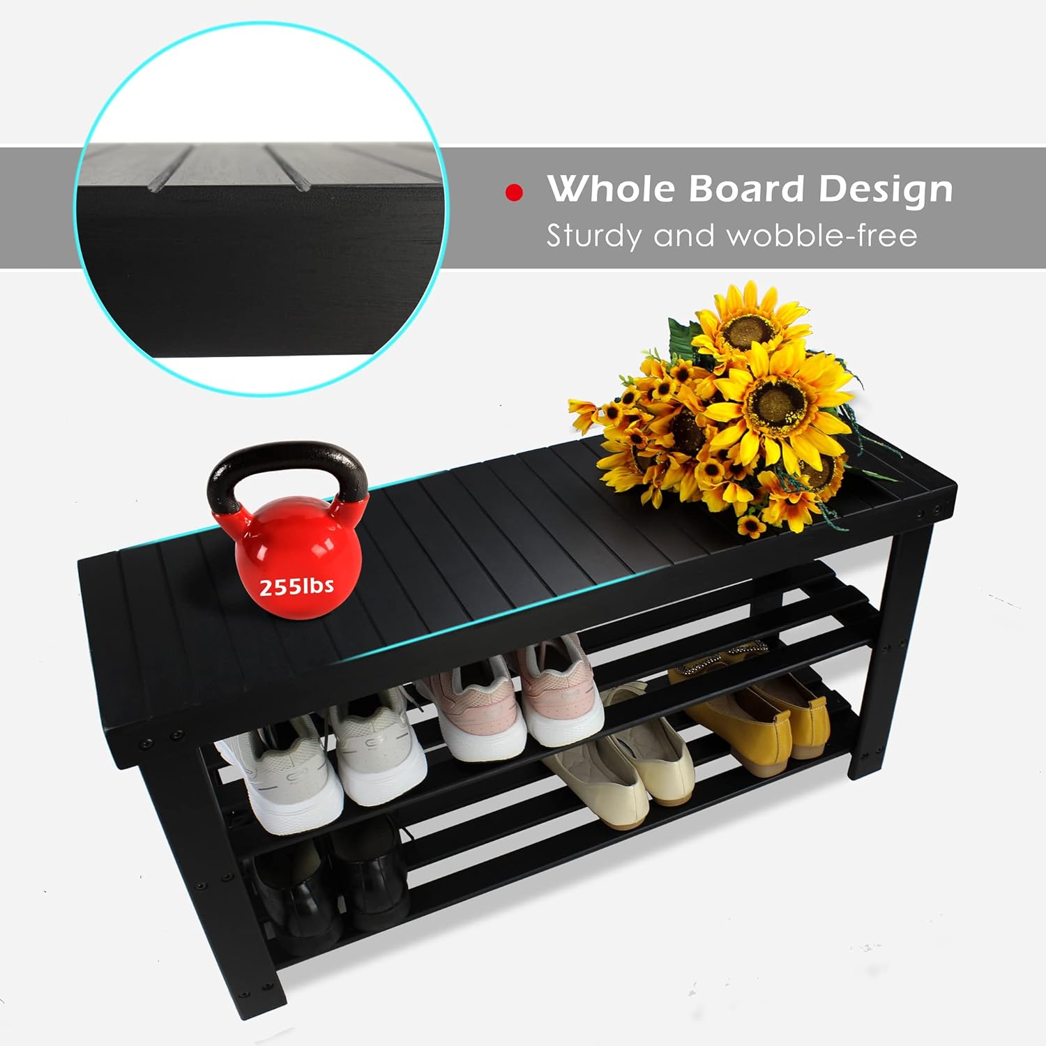 Black shoe rack with shoes, a red kettlebell, and sunflowers on a white background