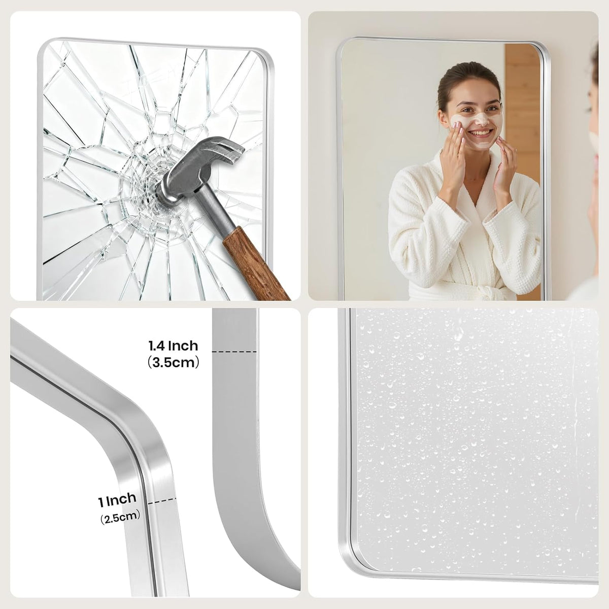 Wall Mirror 60x90cm Silver Frame Rectangle Curved Corners Bathroom Vanity Decor