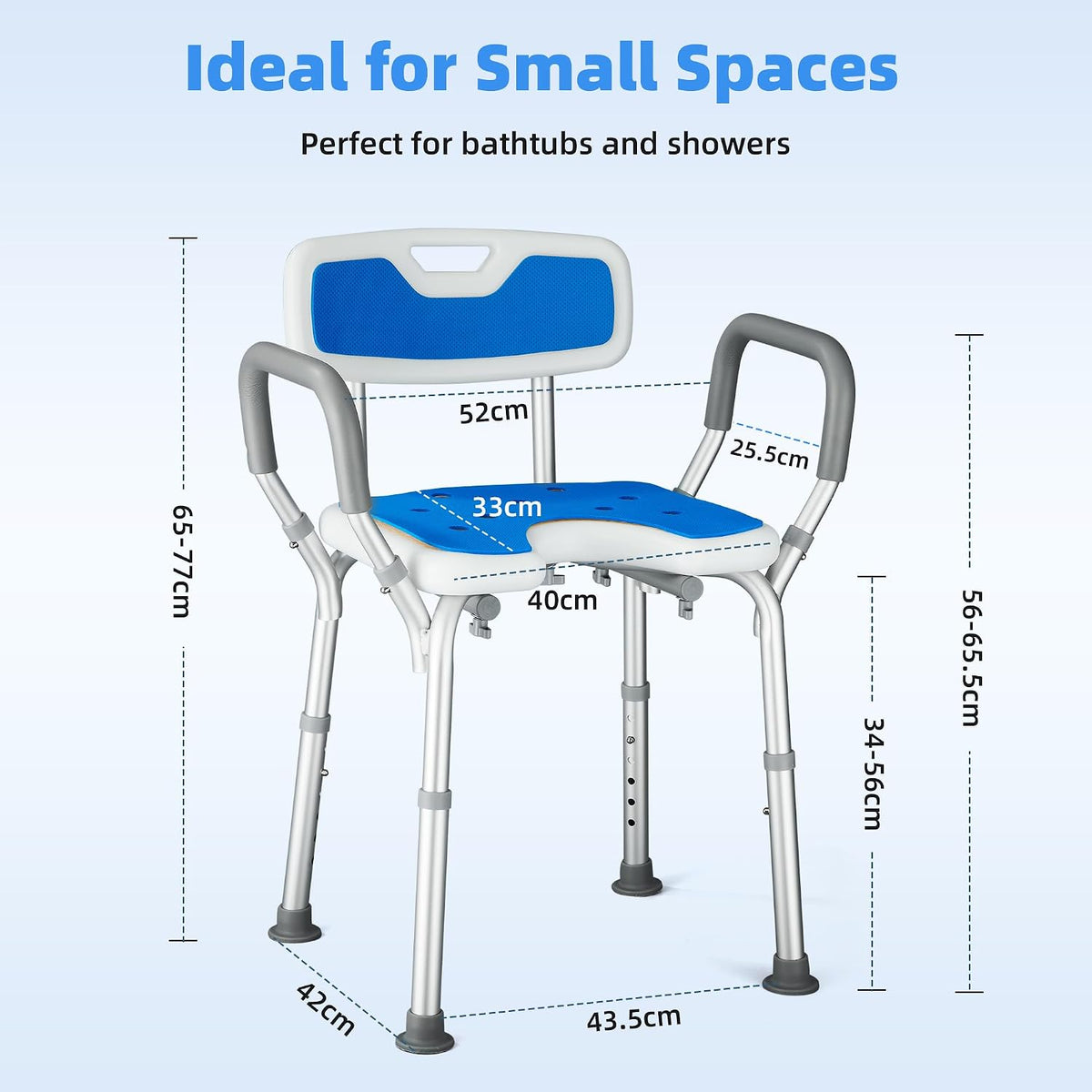 Shower Chair U Shaped Adjustable Height Back Arms Anti Slip Padded Bath Seat