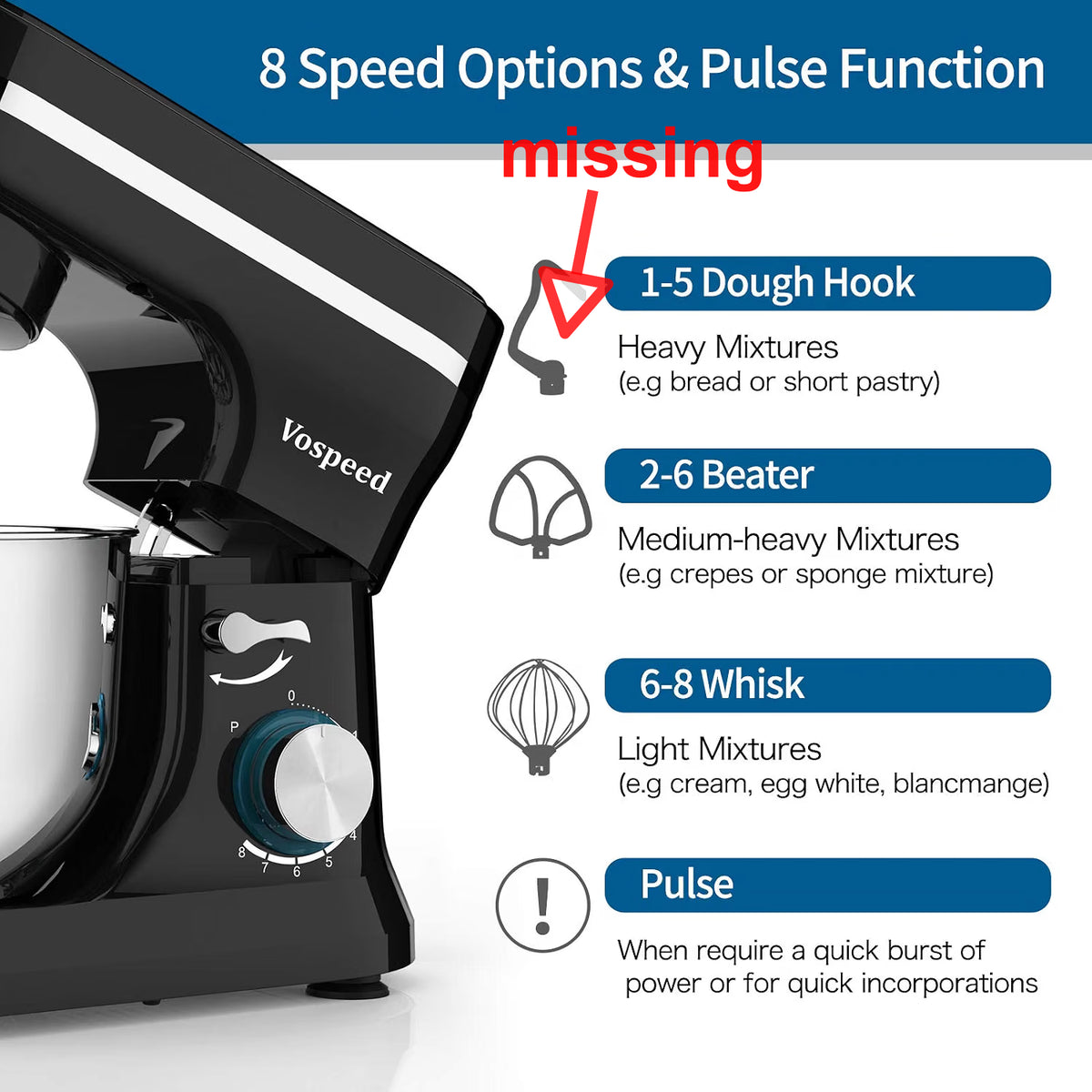 Stand Mixer 1000W 5 Quart 8 Speed Tilt Head Baking Food Mixer Black Vospeed