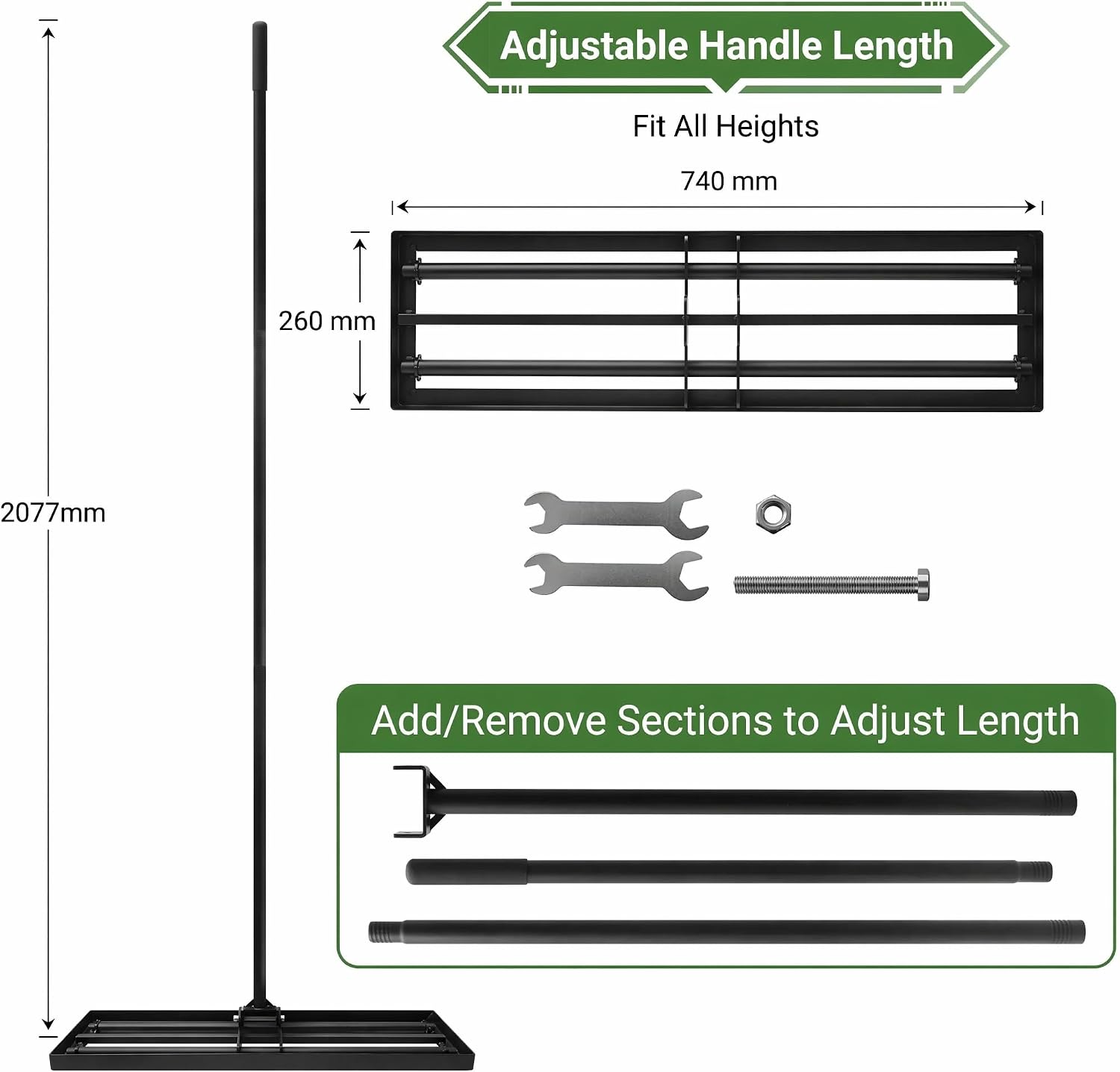 Lawn Levelling Rake 76x25cm Rolling Head 207cm Adjustable Handle A3 Steel Garden