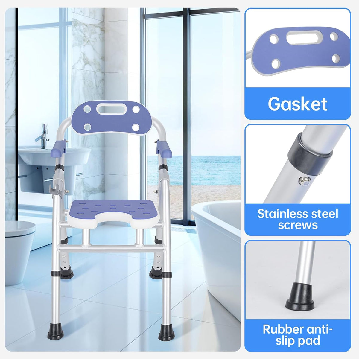 Foldable Shower Chair Adjustable Height Bath Stool Bathroom Seat OUUTMEE Support