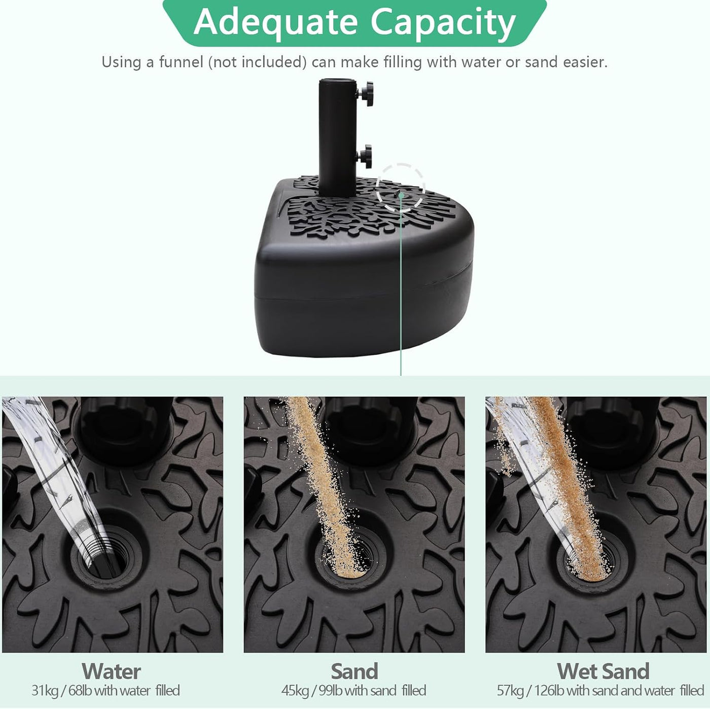 Half Round Parasol Base 57kg Heavy Duty Water Sand Fillable Black Helios&Hestia