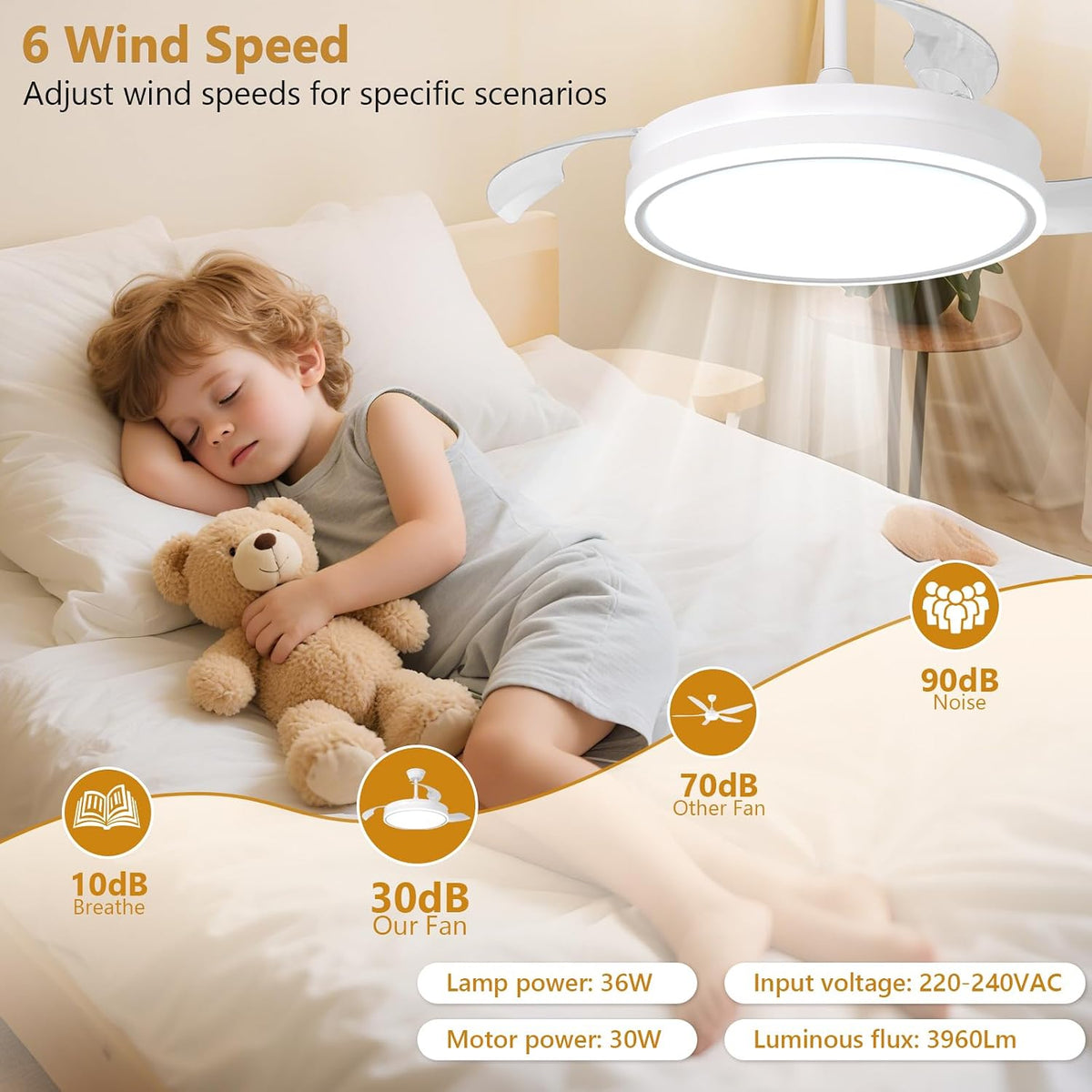 Ceiling Fan with Light Retractable 36W LED Dimmable Remote 6 Speed 3960LM Quiet