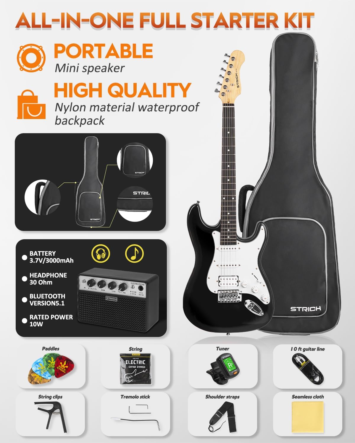 Stritch electric guitar starter kit with accessories on a white background