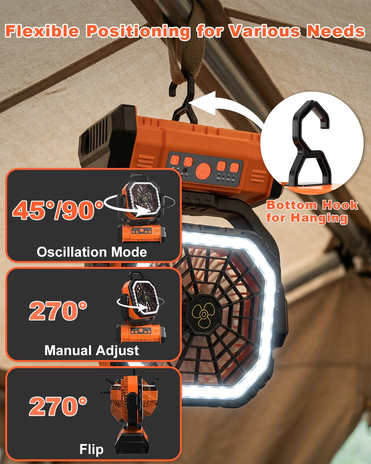 Camping Fan 20000mAh Rechargeable 3 in 1 Portable Outdoor Orange Spopal Fan