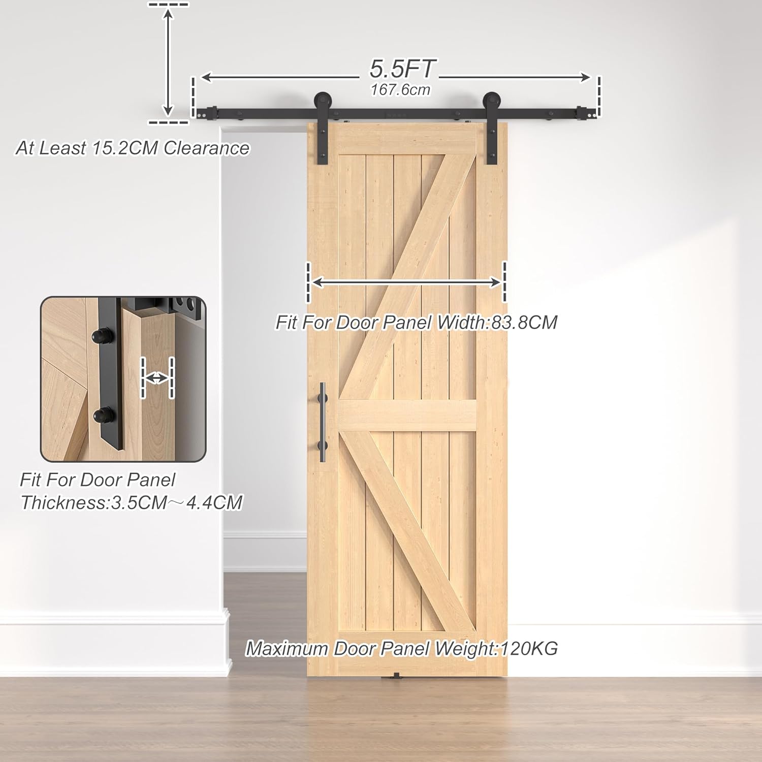 Wooden barn door with hardware and measurements on a white background