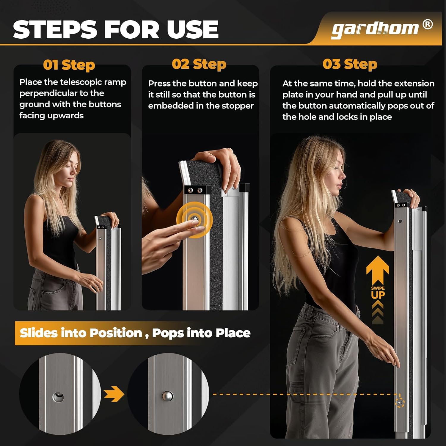 Instructions for using a telescopic ramp with Gardhom branding.