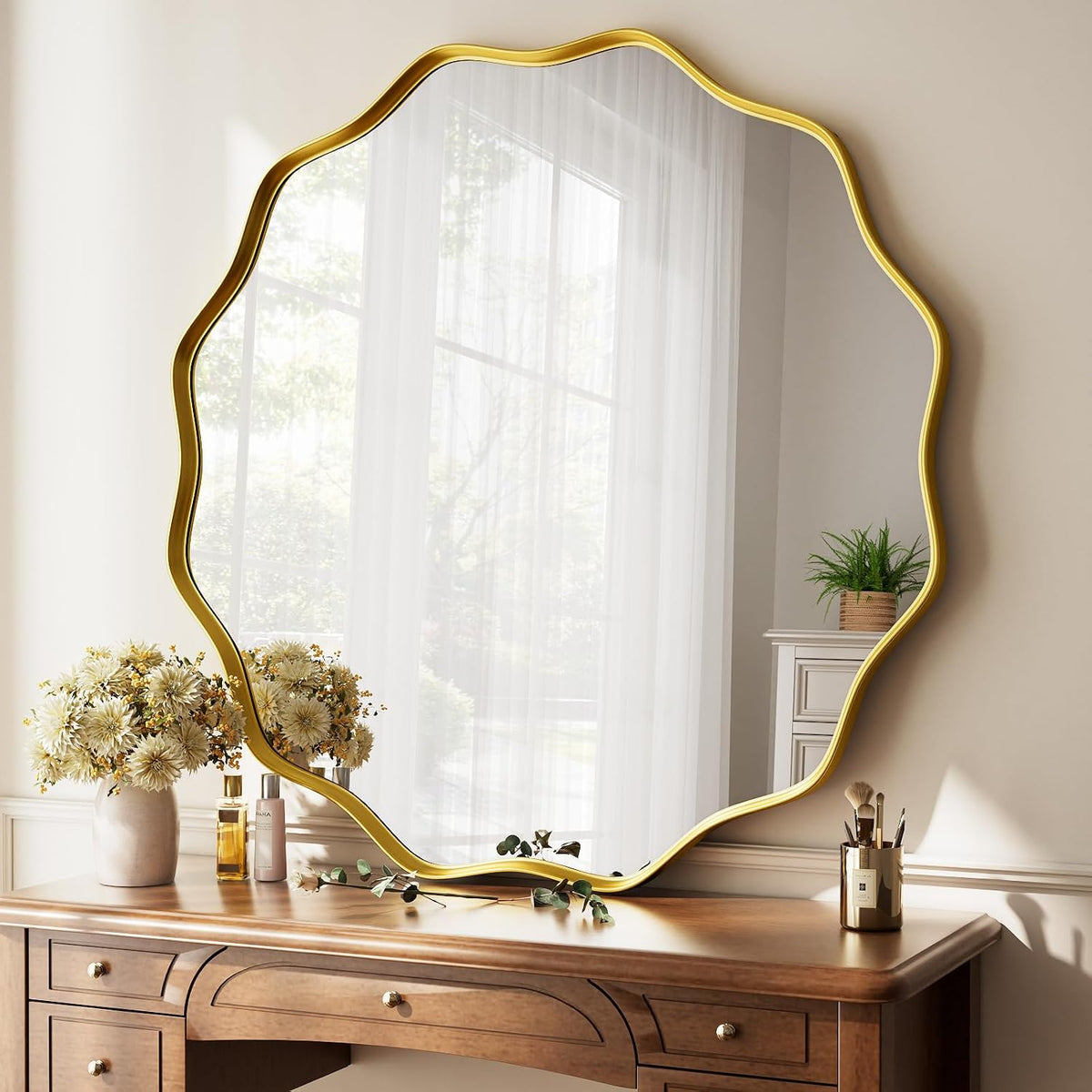 Round Wall Mirror 90cm Gold Wavy Frame Decorative Modern Home Decor Koonmi Mirror