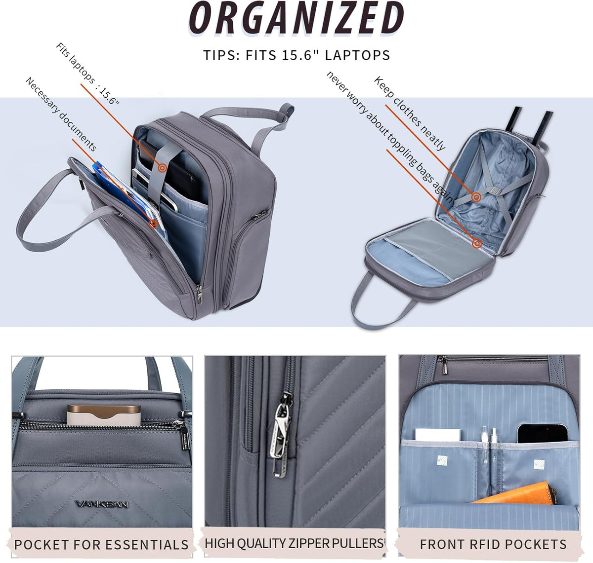 Rolling Laptop Backpack 16 Inch Underseat Wheeled Travel Bag Grey VANKEAN
