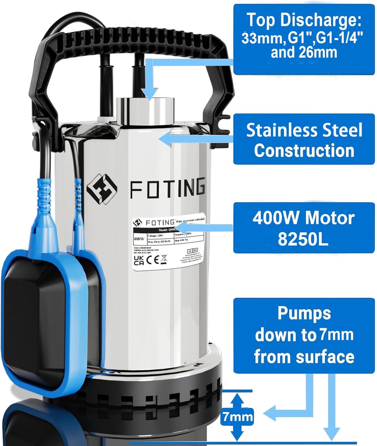 Submersible Water Pump 400W 8250L/H Stainless Steel Float Switch FOTING