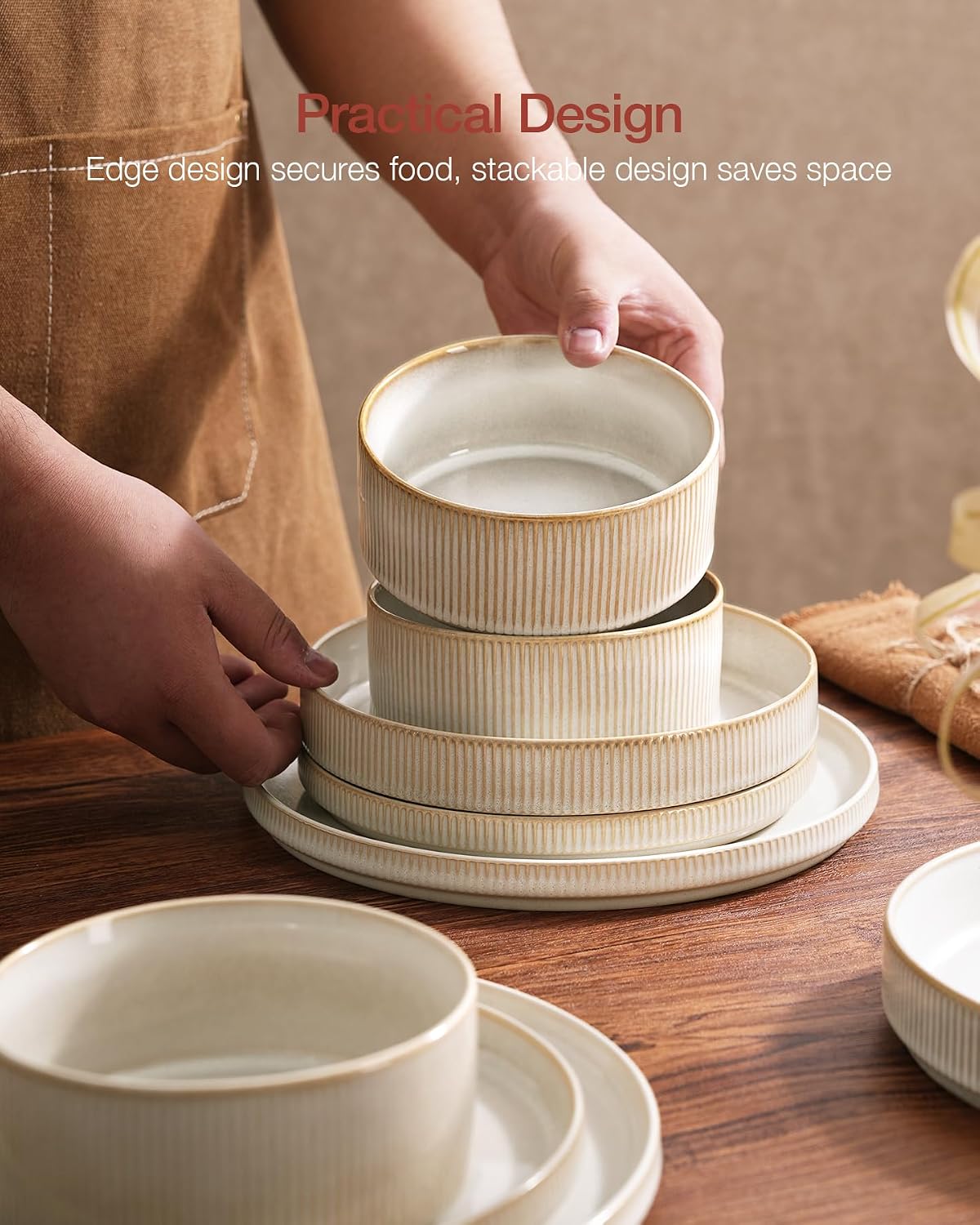 Stoneware Dinner Set 18 Piece Plates Bowls for 6 Cappuccino White Richmount Table