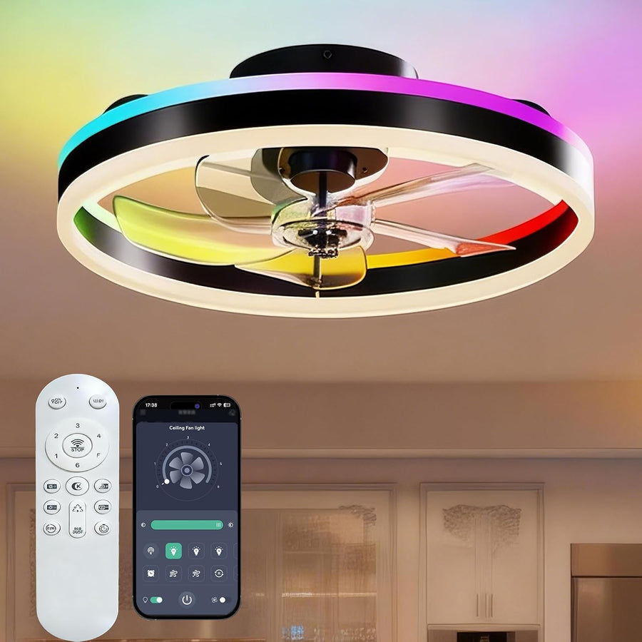 Ceiling Fan with Light 50cm Black Flush Mount Remote Control Modern Bedroom