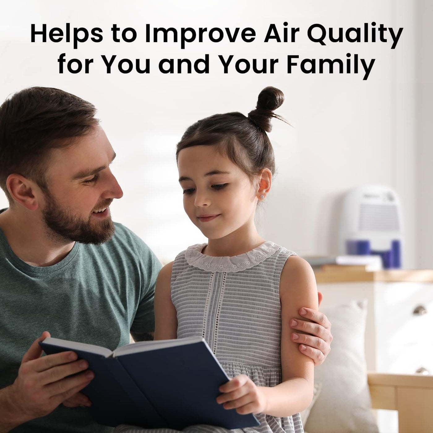 Man and young girl reading a book together with text about improving air quality.