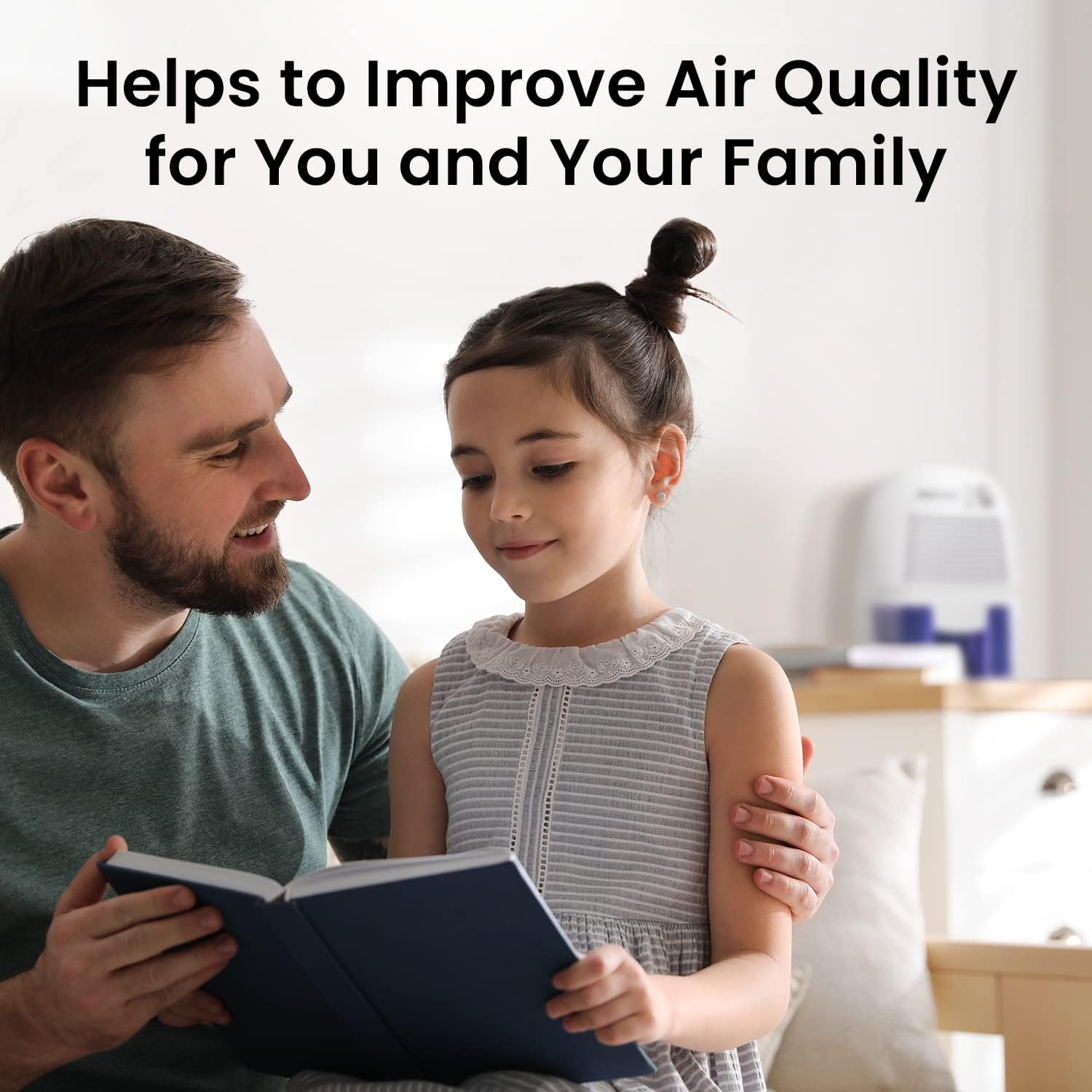 Man and young girl reading a book together with text about improving air quality.