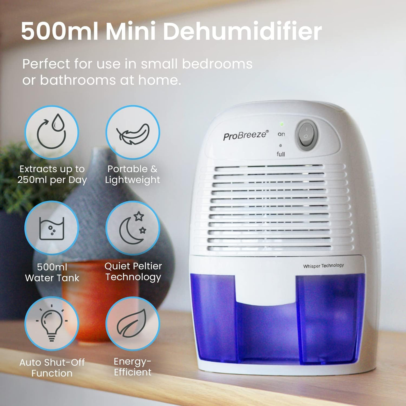 ProBreeze mini dehumidifier with features listed on a wooden surface.