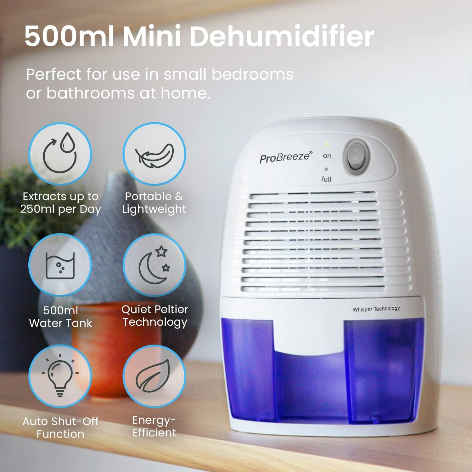 ProBreeze mini dehumidifier with features listed on a wooden surface.