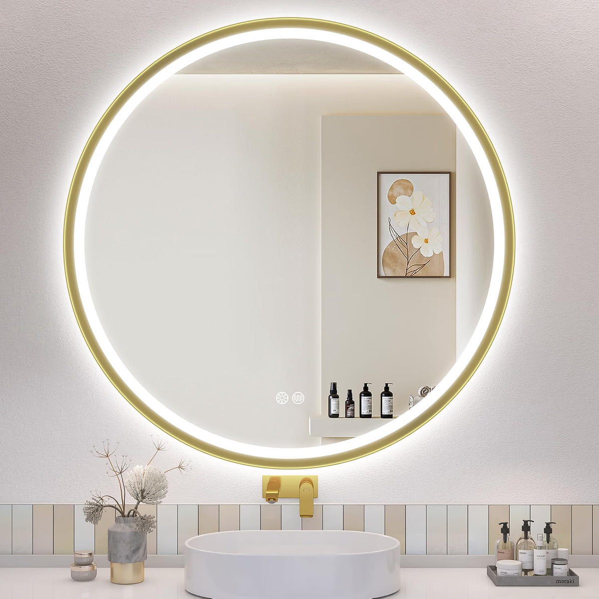 LED Bathroom Mirror 800mm Round Gold Dimmable Demister 3 Colour S'bagno