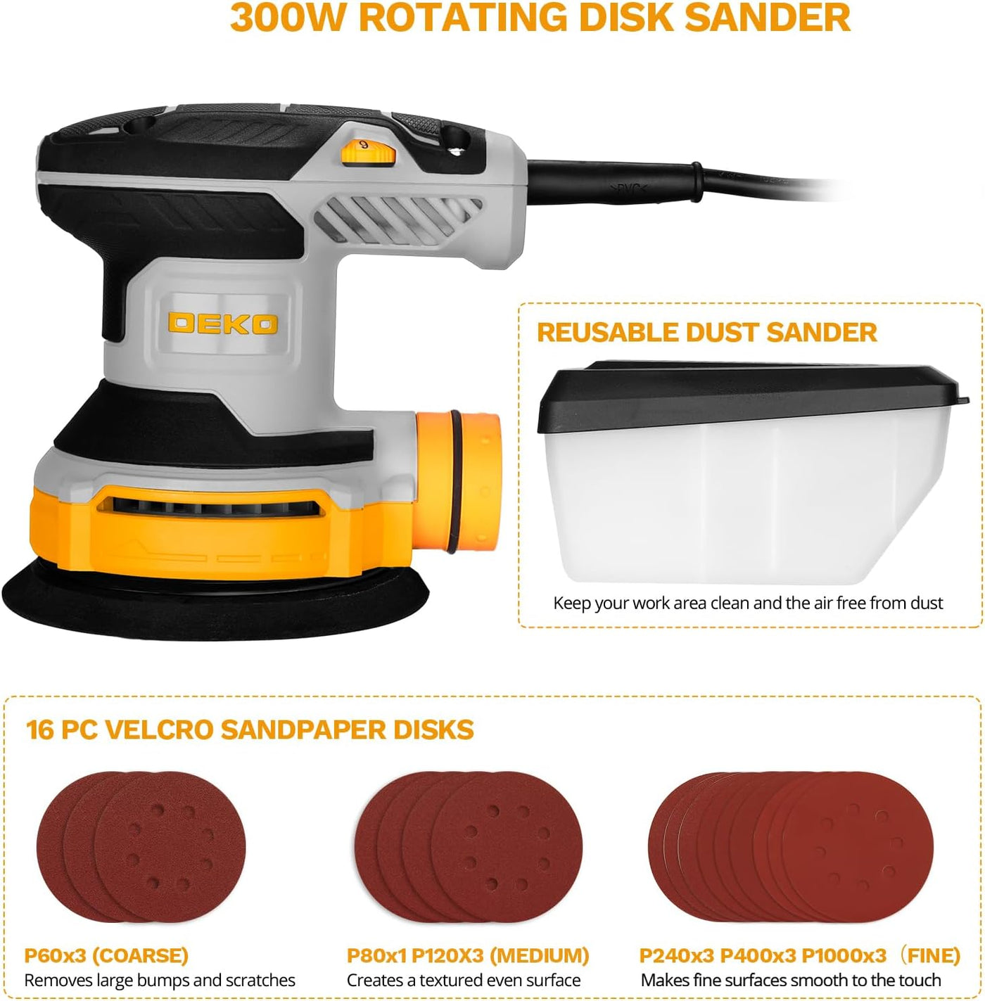 Random Orbit Sander 300W 125mm Variable Speed 14000RPM DEKOPRO Electric