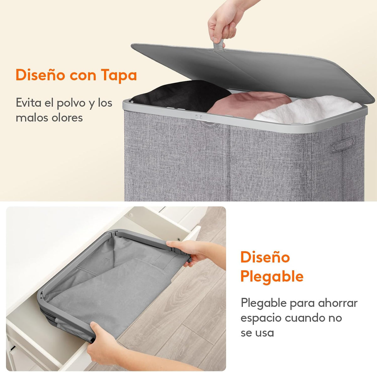 Laundry Basket 150L 3 Compartments Lid Removable Bags Foldable Grey Lifewit