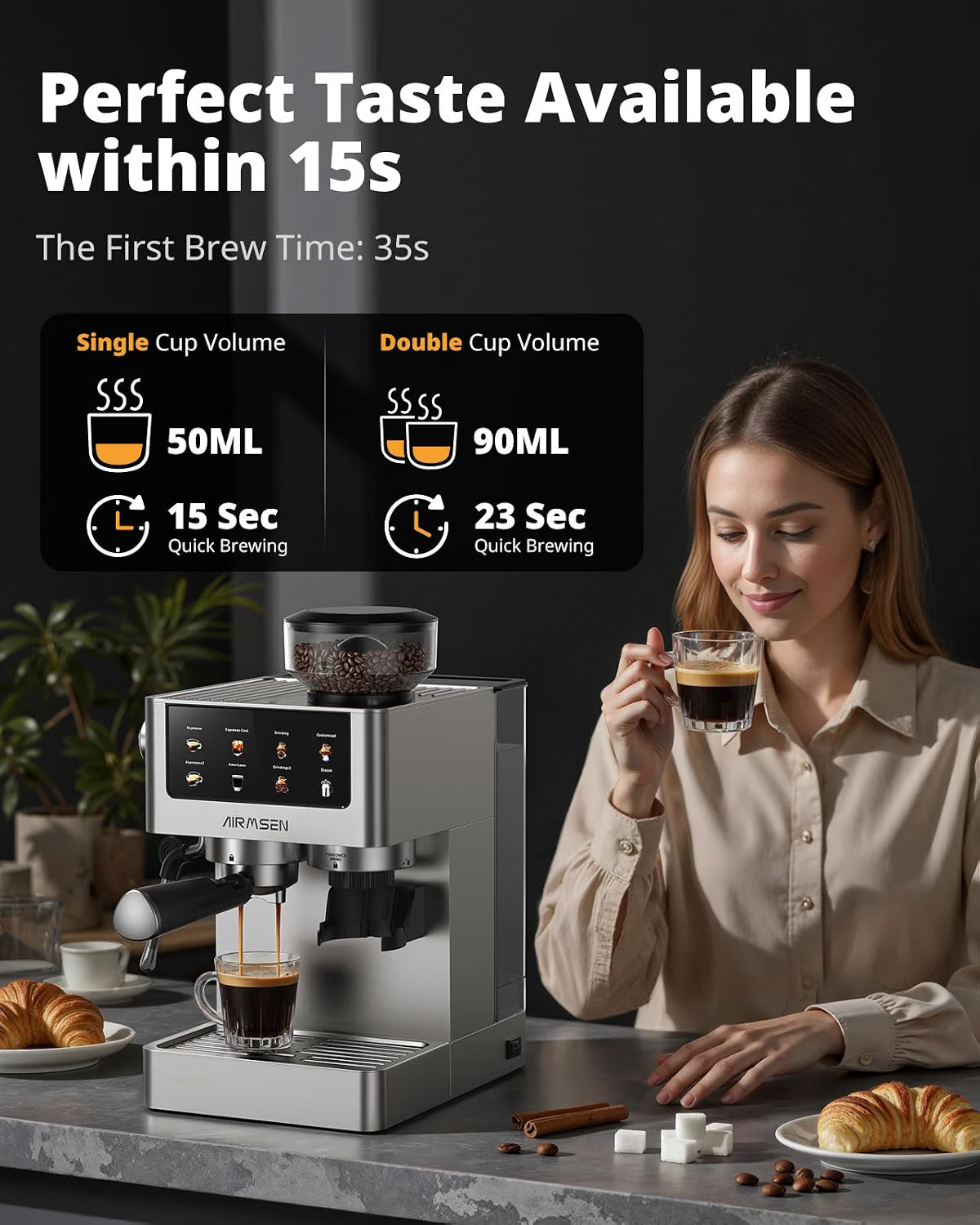 Bean to Cup Coffee Machine 20 Bar Automatic Espresso Maker AIRMSEN Home Barista