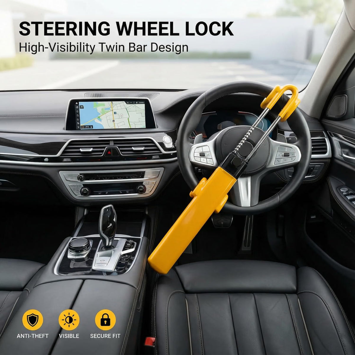 Steering Wheel Lock Twin Bar Anti Theft Universal Adjustable Yellow 3 Keys Car
