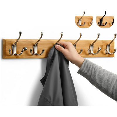 Wall Mounted Coat Rack 59cm Wooden 6 Matt Nickel Hooks Hallway Storage LARHN