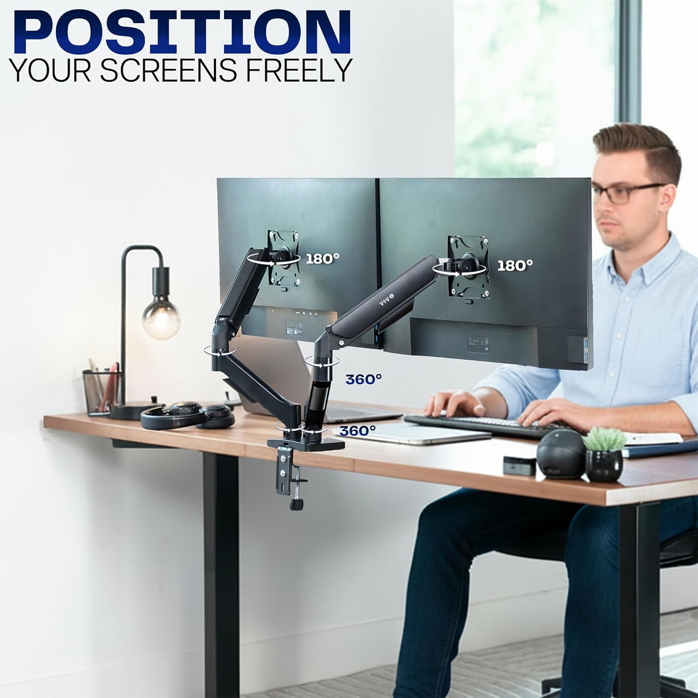 Dual Monitor Desk Mount 32 Inch Pneumatic Adjustable VESA Arms VIVO Classic Stand