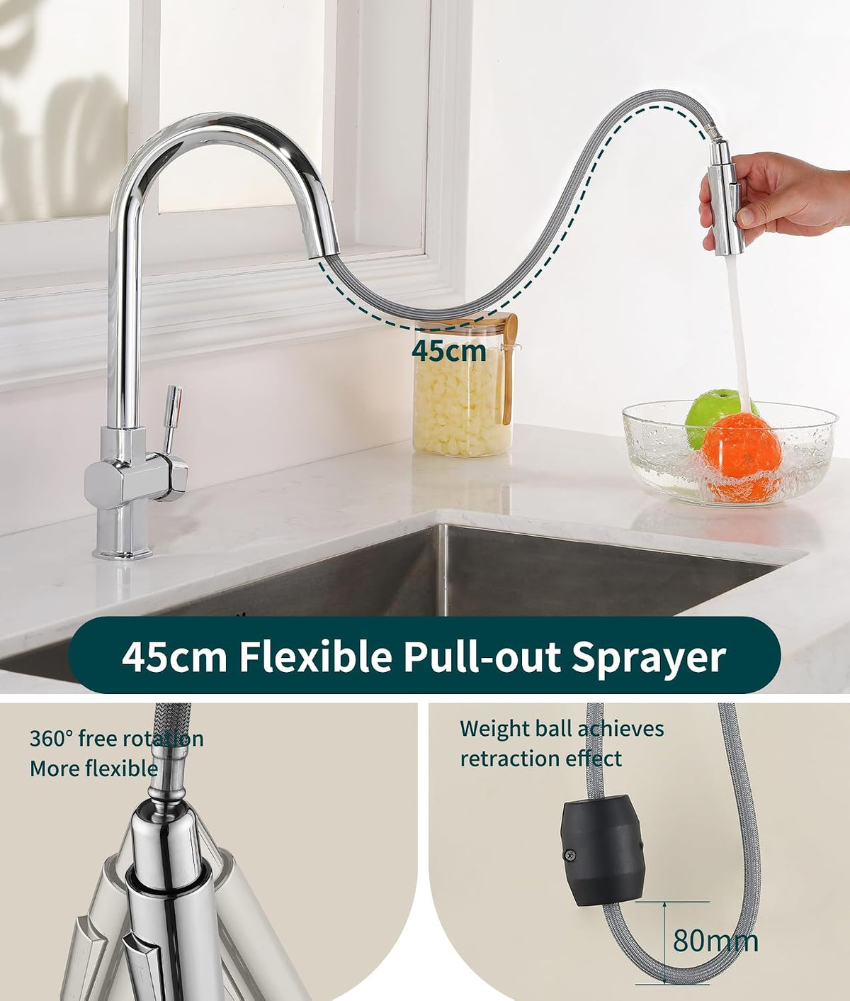 Kitchen Mixer Tap Pull Out Sprayer 2 Modes 360 Swivel Stainless Steel Chrome Sink