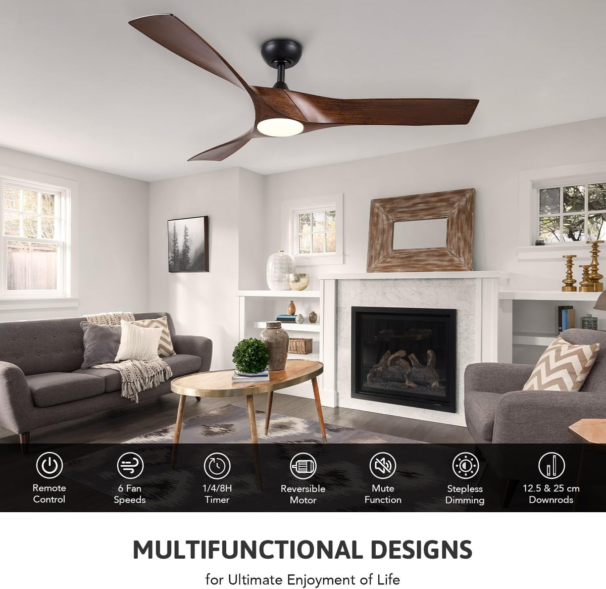 Ceiling Fan with Light 52 Inch Remote Dimmable Reversible DC Motor VONLUCE Walnut