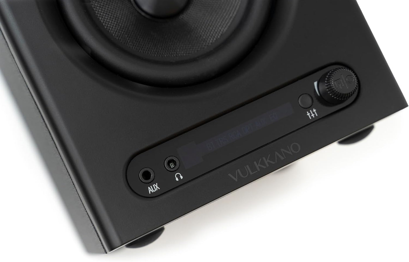 Black audio speaker with control panel on a white background