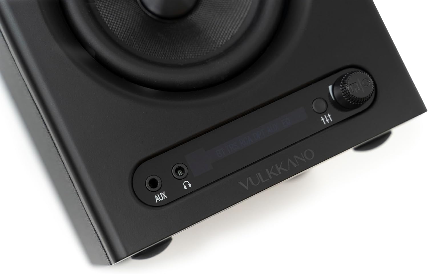 Black audio speaker with control panel on a white background