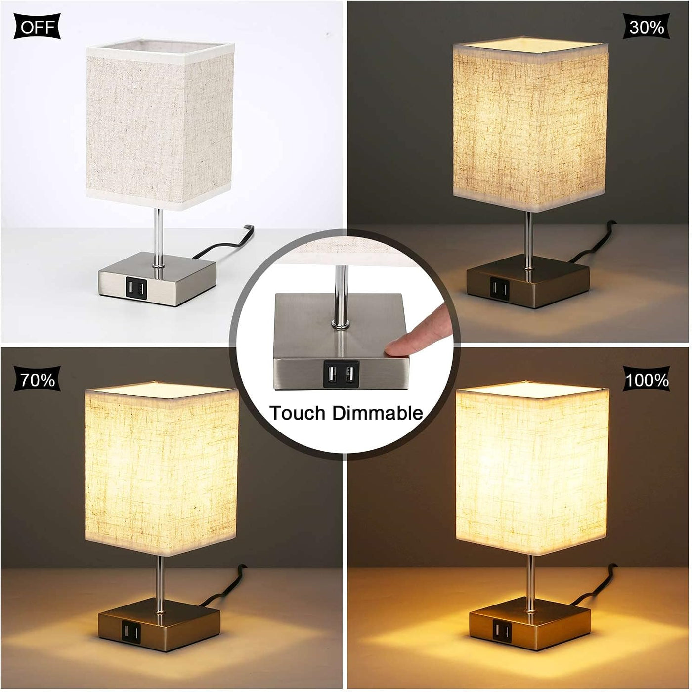 Table lamp with fabric shade showing dimmable feature on a neutral background
