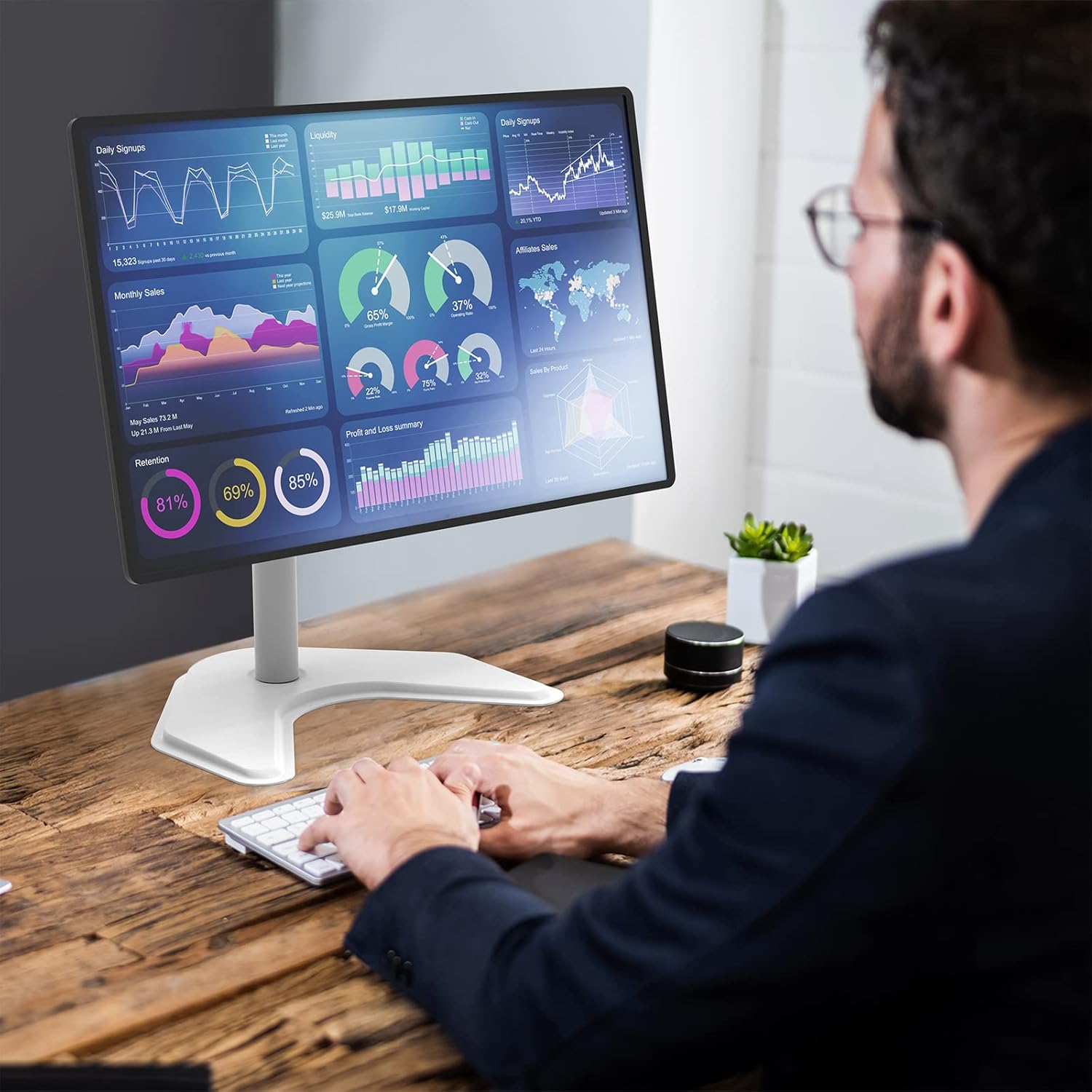 Single Monitor Stand 32 Inch Free Standing Adjustable VESA White WALI