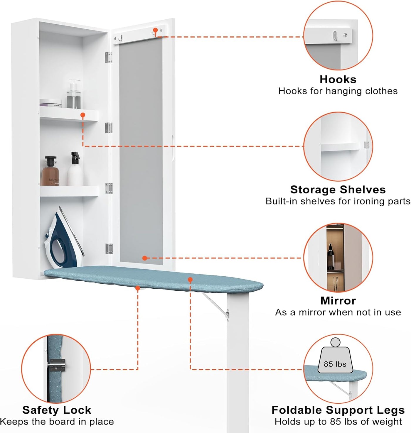Wall Mounted Ironing Board Cabinet Foldable Iron Storage Mirror Space Saving