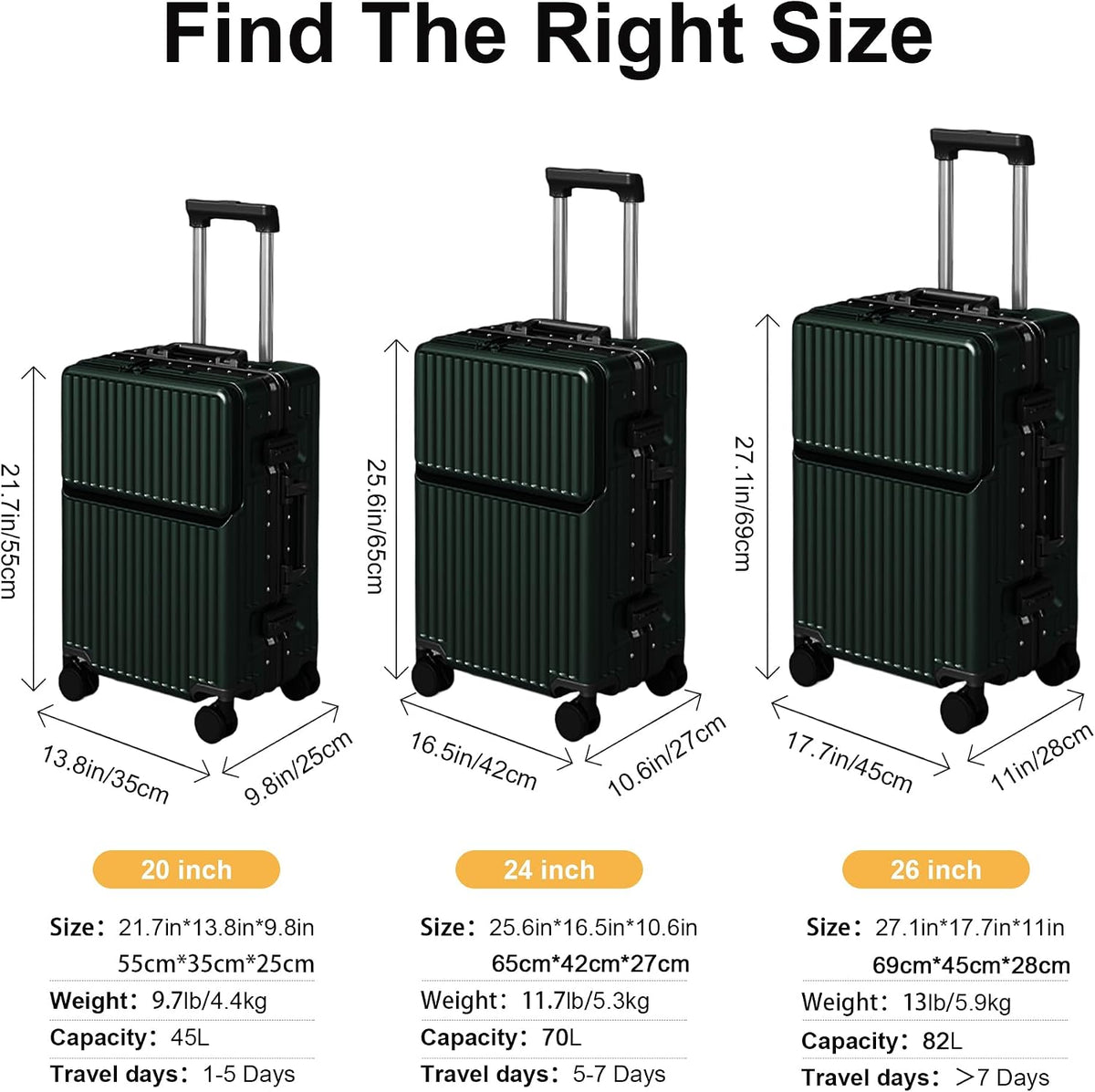 20 Inch Carry On Suitcase TSA Lock Hard Shell Aluminium Frame Green Cabin Luggage